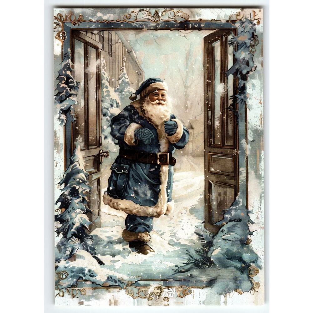 Blue Santa Claus Christmas Lithograph Postcard 5.5x4 Inches Holiday Greetings